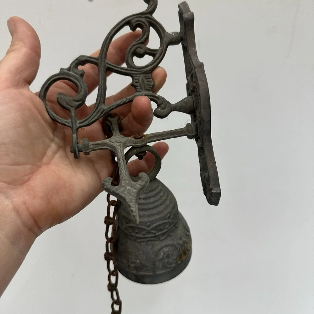 Vintage Brass Wall-Mounted Door Monastery Bell W/ Chain & Pull Handle Patina